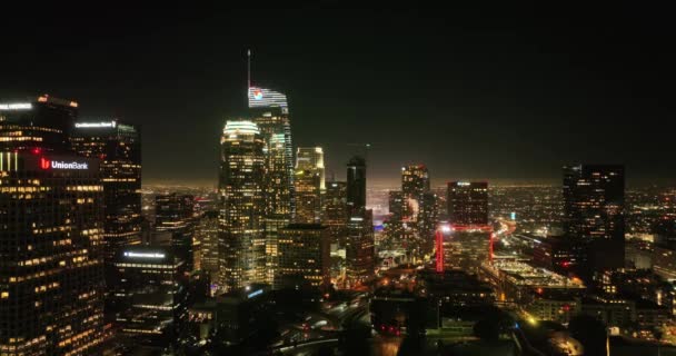 Ночной Вид Воздуха Центр Лос Анджелеса Skyline Финансовый Округ Лос — стоковое видео