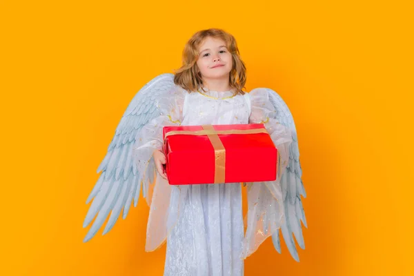 ギフトボックス付きエンジェルプレゼント 美しい天使だ 孤立したスタジオショット 天使の翼を持つかわいい子供 キューピッドバレンタインデーのコンセプト — ストック写真
