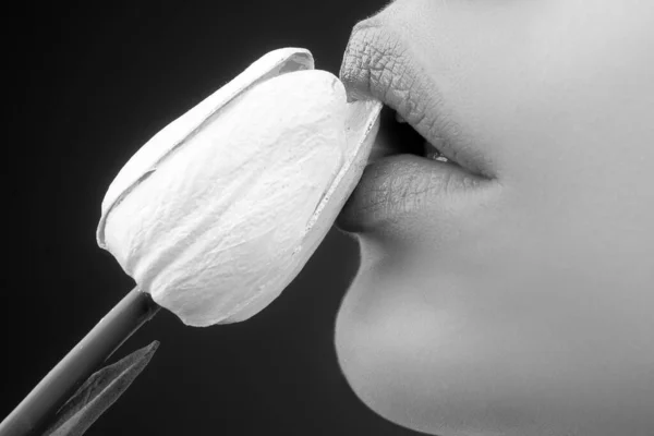 Mädchenlippen Mit Tulpen Oralsex Blume Lecken Blowjob Und Kuss Sinnlich — Stockfoto