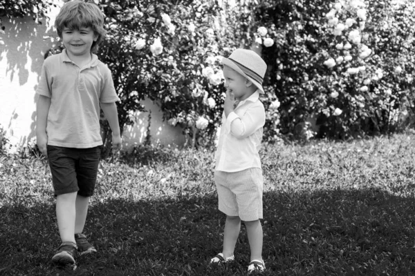 Gyerek Testvér Mosolyogva Sétál Gyerekek Spring Parkban Vicces Gyerekek — Stock Fotó