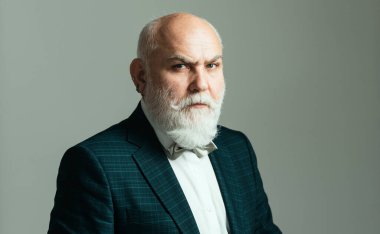 Ciddi bir son sınıf öğrencisi. Takım elbiseli ve kravatlı kendinden emin yaşlı sakallı adam gri izole arka planda duruyor. Yetişkin modası