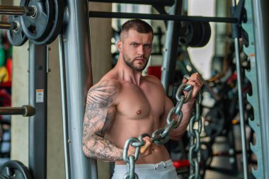 Muscular man workout in the gym. Athletic man having weight training in gym. Handsome man with strong muscles workout in the gym. Portrait of sexy muscular male with dumbbells. Bodybuilder exercise