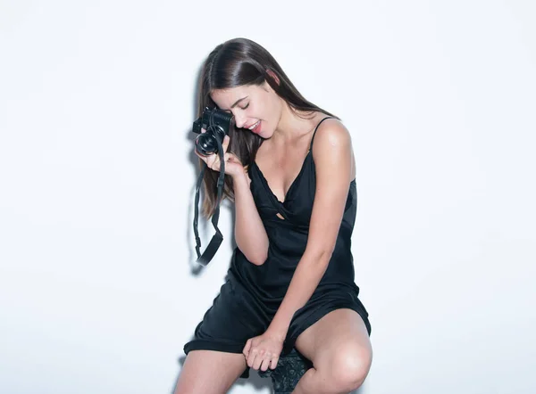 Beautiful Sexy Girl Black Dress Perfect Figure Fashion Style Sensual — Foto Stock