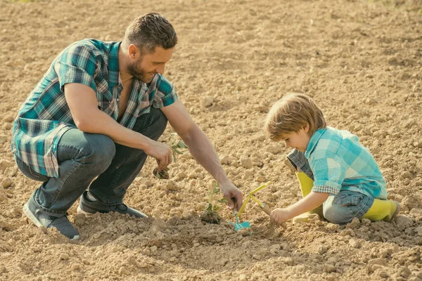 Otec Učí Svého Syna Zahradničení Otec Syn Pracují Zahradě — Stock fotografie