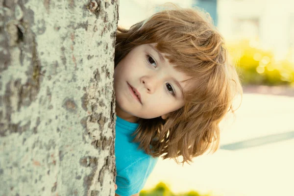 小孩躲在树下 隐藏和寻找 Peekaboo — 图库照片
