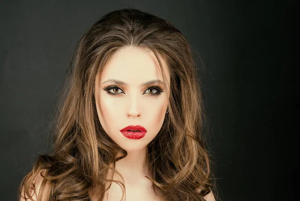 Closeup Beauty Portrait Red Lips Makeup Young Woman Bright Make — Stock Photo, Image