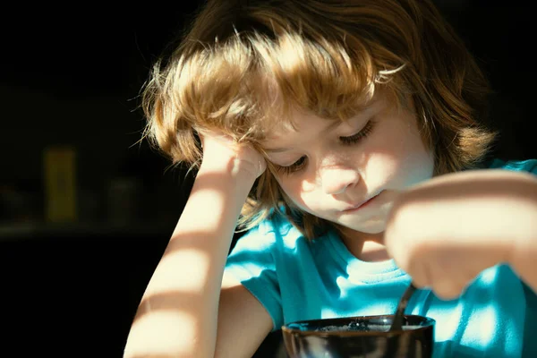 stock image Kids food concept. Child having breakfast at home. Healthy homefood. Boy eats at kitchen