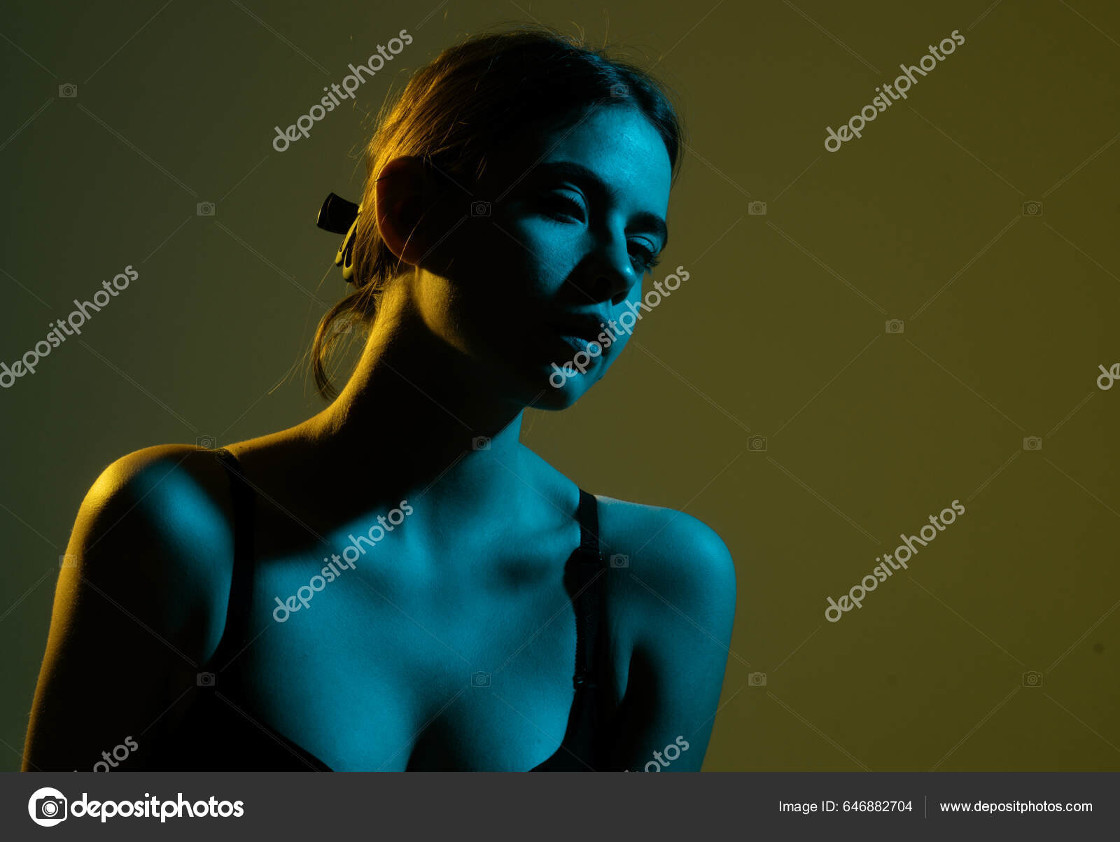 Sensual Blue Neon Girl In Bra Isolated On Green. Female Boob In Black Bra. Sexy  Breast Of Girl. Woman With Natural Sexy Boobs In Lingerie. Stock Photo,  Picture and Royalty Free Image.