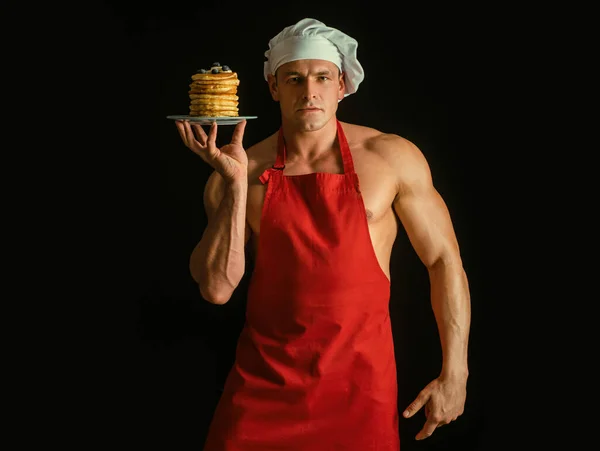 Pancakes Colazione Dolce Chef Sexy Panettiere Che Serve Dessert — Foto Stock