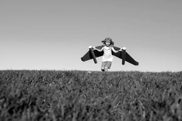 Mutlu Çocuk Yaz Gökyüzüne Yeşil Çimen Arka Planına Karşı Oyuncak — Stok fotoğraf