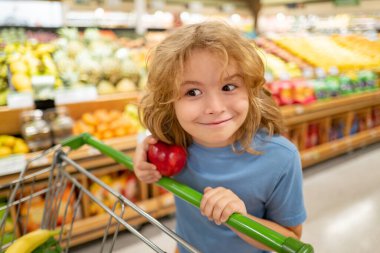 Marketten alışveriş sepeti alan bir çocuğun portresi. Komik çocuk suratı. Satış ve alışveriş. Çocuk süpermarketten ürün alıyor. Süpermarket ve bakkal. İndirim, satış kavramı