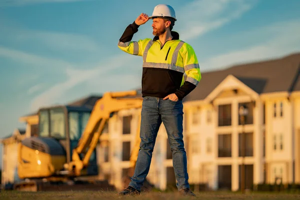 Trabalhador Com Bulldozer Construção Edifício — Fotografia de Stock