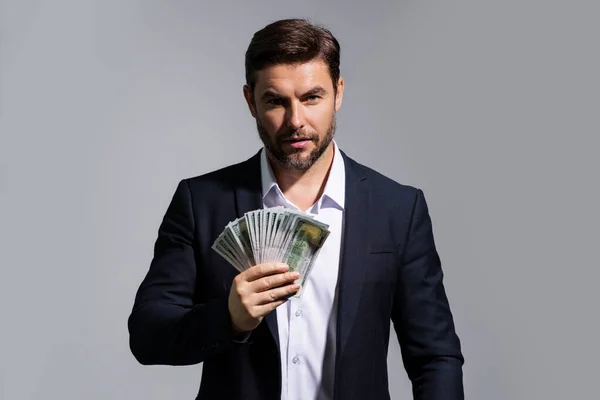 Para Banknotları Olan Bir Adamı Dolar Banknotları Olan Bir Erkek — Stok fotoğraf