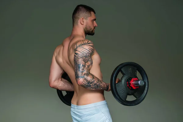 Sexy Muscular Man Pumps His Muscles Lifts Barbell Gym Сильный — стоковое фото