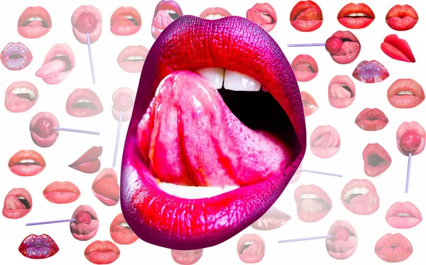 Χείλη Και Στόμα Σέξι Γλώσσα Γλείφει Αισθησιακά Χείλη Κόκκινο Φόντο — Φωτογραφία Αρχείου