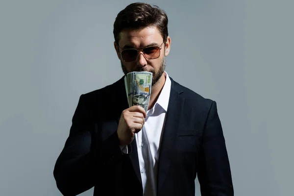 Homme Montrant Argent Liquide Billets Banque Dollars Portrait Homme Affaires — Photo