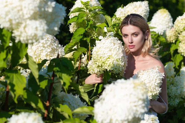 Sinnliche Frau Posiert Blühenden Hortensien Sommerpark Das Konzept Der Entspannung — Stockfoto