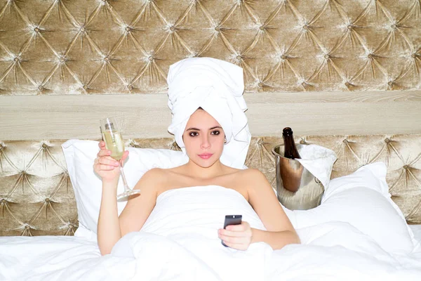 Portrait Young Rich Sensual Beautiful Woman Watching Drink Champagne Bed — Stock Fotó
