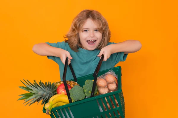 Negozio Alimentari Shopping Divertente Bambini Con Carrello Della Spesa Vendite — Foto Stock