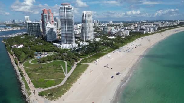 Miami Beach Vanuit Lucht Uitzicht Gebouwen Oceaan Luchtfoto Van Miami — Stockvideo