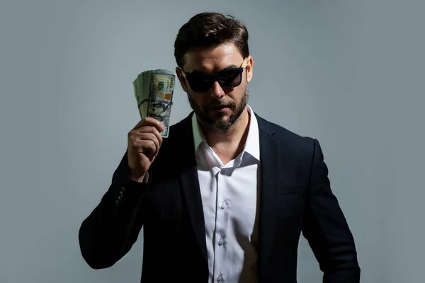 Mann Mit Dollarnoten Geschäftsmann Mit Vielen 100 Dollar Scheinen Leichtes — Stockfoto