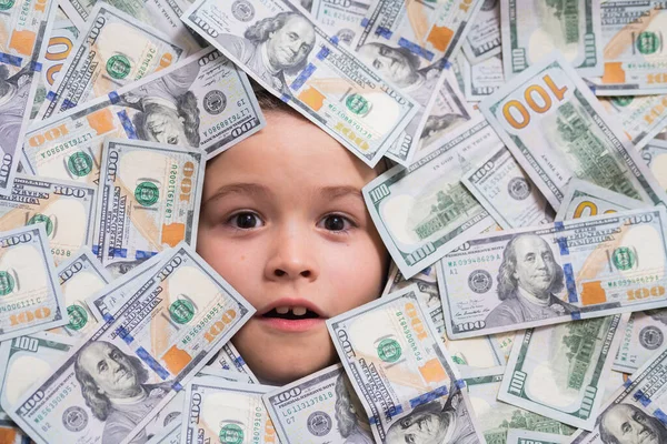 Kinderhoofd Geld Geldbiljetten Cash Dollars Biljetten Leuke Jongen Gezicht Dollars — Stockfoto
