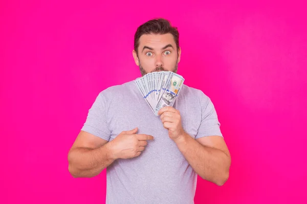 Muž Penězi Hotovosti Dolarové Bankovky Portrét Muže Držícího Hromadu Bankovek — Stock fotografie
