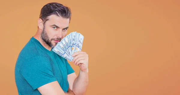 Handsome Man Holding Money Isolated Beige Studio Banner Money Dollar — Stock Photo, Image