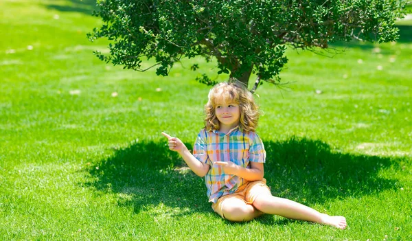 子供と夏休み 子供は夏の公園でリラックスします 子供の少年は緑の芝生の屋外に座っている 子供と草の上の夏のピクニック — ストック写真