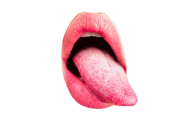 Μάκρο Γλώσσα Γλείφει Χείλη Κλείσιμο Του Γυναικείου Στόματος — Φωτογραφία Αρχείου