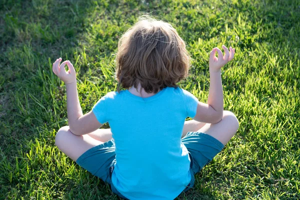 Back View Kid Meditating Lake Sunset Yoga Nature Mindfulness Kid — Stock Photo, Image