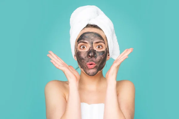 Facial Black Mud Mask Beautiful Woman Charcoal Facial Mask Face — Fotografia de Stock