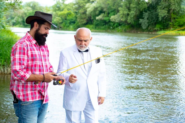 Two Men Friends Fishing Flyfishing Angler Makes Cast Standing River — Stockfoto
