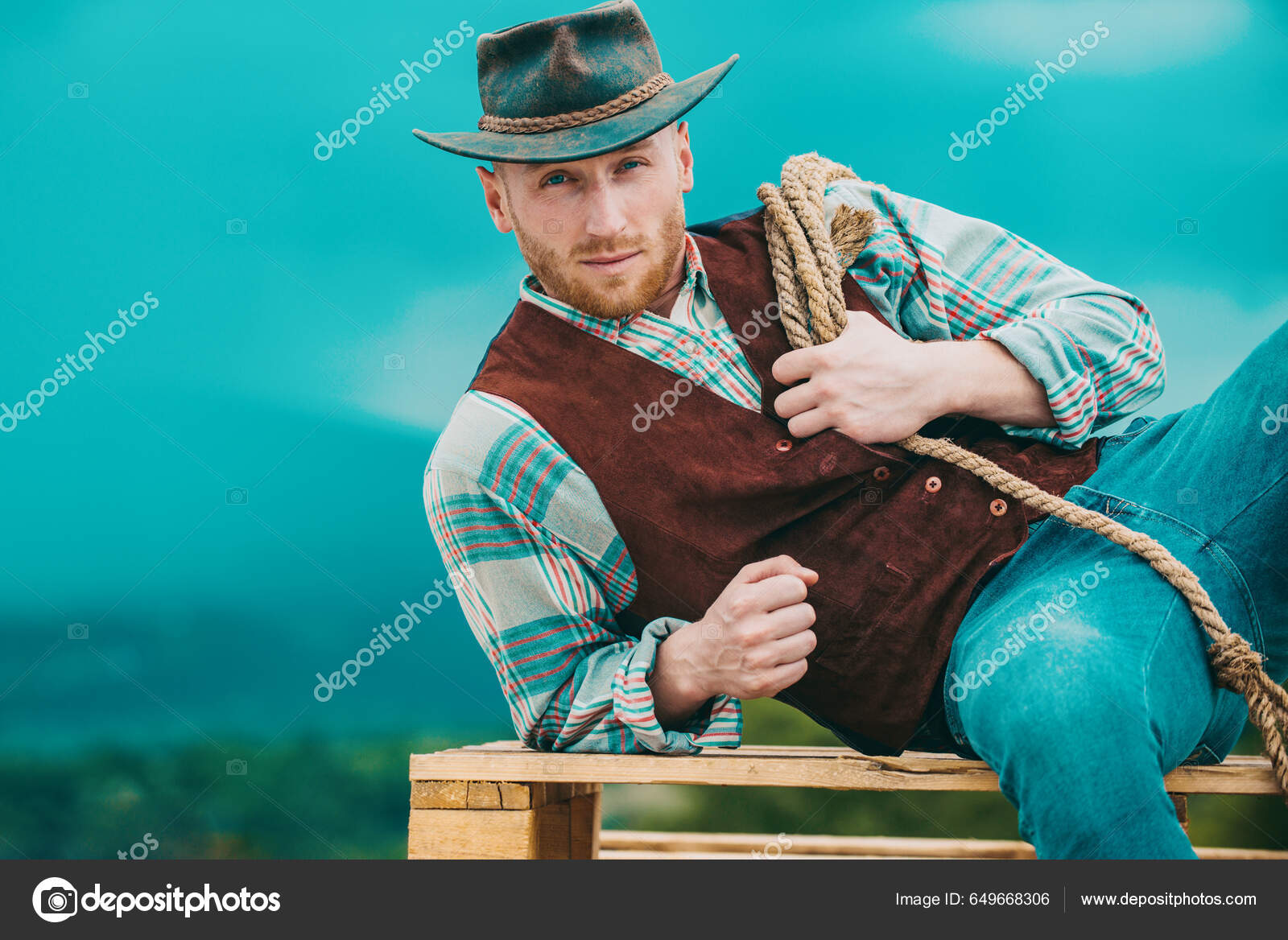 Farmer Cowboy Wearing Hat Western Life American Country Male