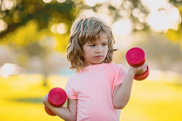 Boy Workout Park Kids Sport Child Exercising Dumbbells Sporty Fitness — Stock Photo, Image