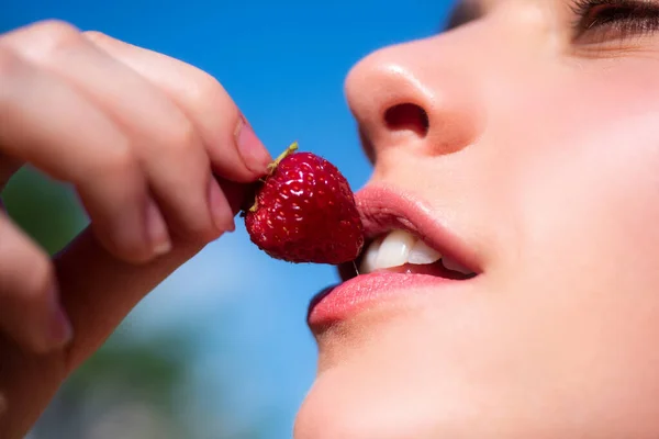 Strawberry in lips. Red strawberry in woman mouths close up