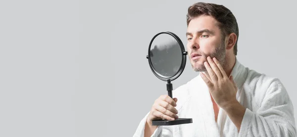 Millennial Hispanic Man Looking Mirror Bathroom Facial Skin Stubble Male — Stock Photo, Image