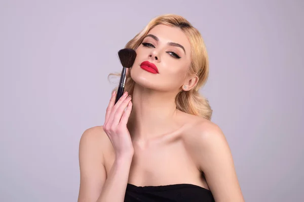 Beautiful Woman Applying Make Powder Cheek Cosmetic Powder Brush Perfect —  Fotos de Stock
