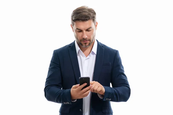 Snygg Affärsman Kostym Använder Smartphone Chatta Gör Inlägg Sociala Medier — Stockfoto