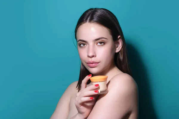 Skin Care Beauty Portrait Beautiful Woman Applying Face Cream Isolated —  Fotos de Stock