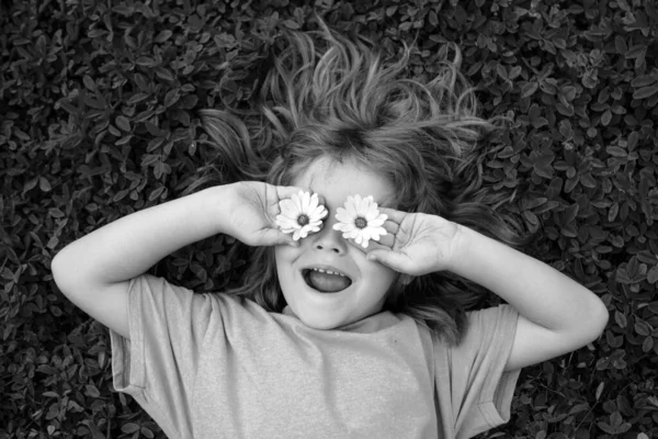 Pohled Shora Dětský Portrét Vtipné Dítě Usměje Leží Trávě Venkovní — Stock fotografie