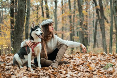 Kız köpeğiyle yürümekten hoşlanıyor. Sibirya Husky 'sinin en sevdiği hayvan. Hayvan yetiştiriciliği. Güz ormanı köpeğiyle yürüyen şık bir kız. Hayvan eğitimi. Soylu köpek konsepti. En iyi arkadaşlar.
