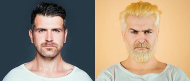 Sakallı adam seti. Saç ve sakal boyası. Beyaz saç rengi. Berber dükkanı tasarımı. Reklamcılık ve berber dükkanı konsepti. Erkek portresi seti. Saç renkleri ayarlandı. İzole edilmiş genç sakallı adamın yakın çekimi.