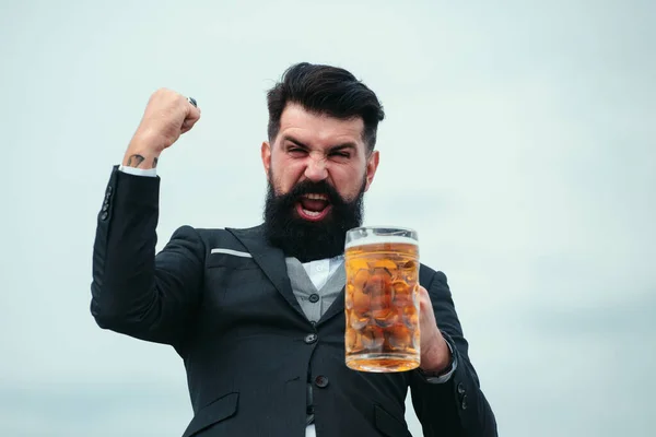 Excited Drunk Man Wwith Glass Beer Expression Emotions — Stock Photo, Image