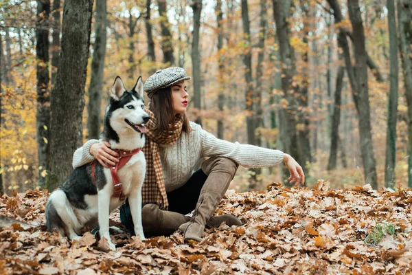 Menina Gosta Andar Com Cão Husky Animal Estimação Favorito Husky — Fotografia de Stock