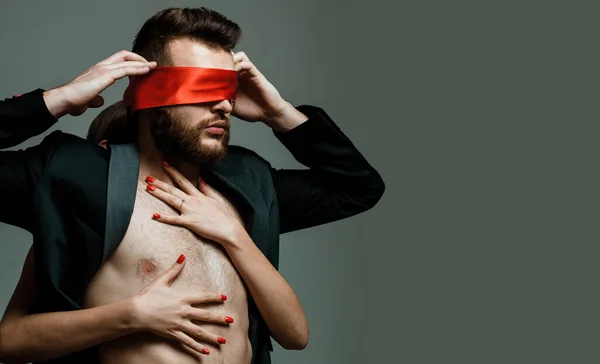 Macho Well Groomed Hipster Nude Torso Tied Eyes Red Ribbon — Stock Photo, Image