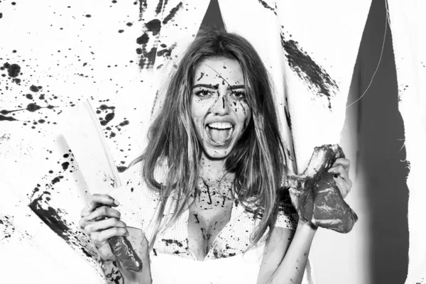 Dirty Blood Woman Holds Her Hand Bloody Cleaver White Background — ストック写真