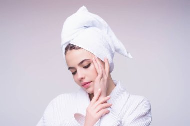 Beautiful woman with clean fresh skin on studio background. Face care, facial treatment skincare, cosmetology, beauty and spa. Skin care. Woman with beauty face healthy skin, studio portrait