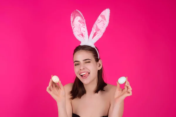 Close Photo Pretty Girl Wear Easter Fluffy Bunny Ears Hold — Stock Photo, Image