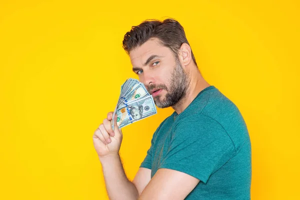 Handsome Man Holding Money Isolated Grey Studio Money Dollar Banknotes — Stock Photo, Image